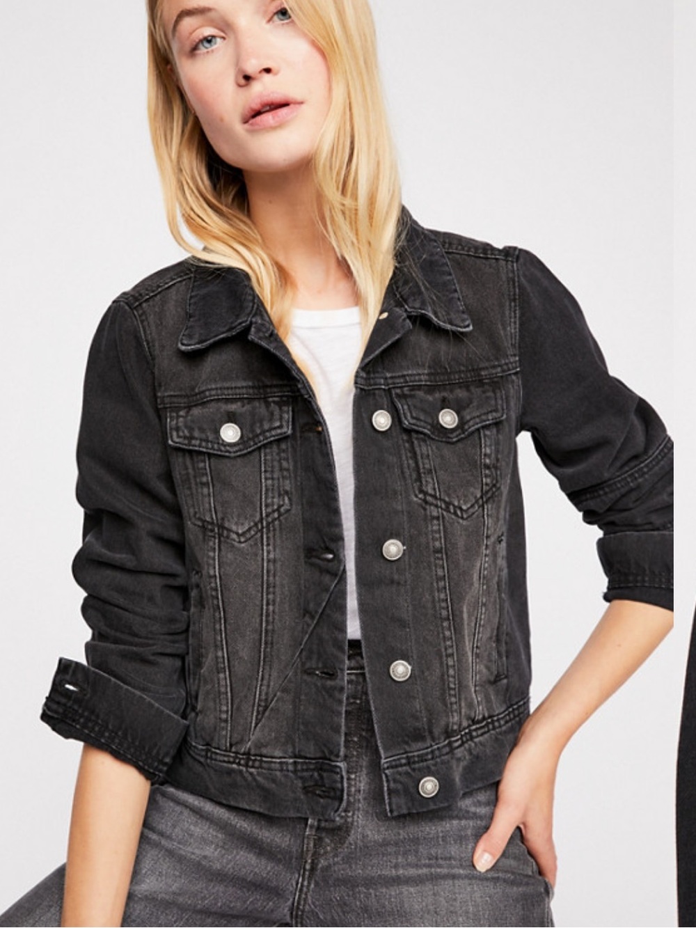 Free People Rumors Black Denim Trucker Jacket Medium